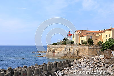 May 31 2023 - Ajaccio, Corsica, France: citadel with white lighthouse tower Editorial Stock Photo