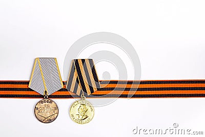 9 May background. St George`s ribbon and medals of Great patriot Stock Photo