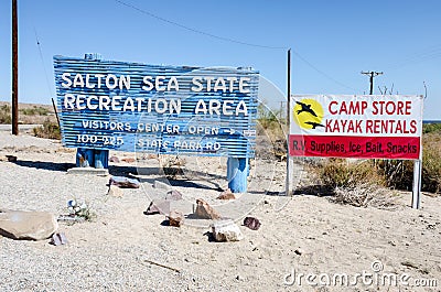 Bombay Beach, CA: Sign for the Salton Sea State Recreation area welcomes campers and fishermen to the shores of the Editorial Stock Photo