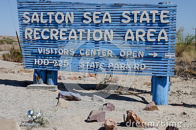 Sign for the Salton Sea State Recreation area welcomes campers and fishermen to the shores of the Editorial Stock Photo