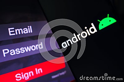 May 1, 2023, Brazil. In this photo illustration, the Android logo is displayed on a smartphone screen, next to a login screen, Cartoon Illustration