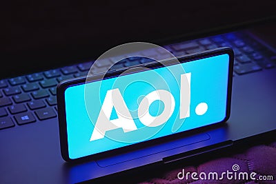 May 15, 2023, Brazil. In this photo illustration, the AOL logo is displayed on a smartphone screen Cartoon Illustration