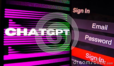 May 2, 2023, Brazil. The ChatGPT logo is displayed on a smartphone screen, next to a login screen, Cartoon Illustration