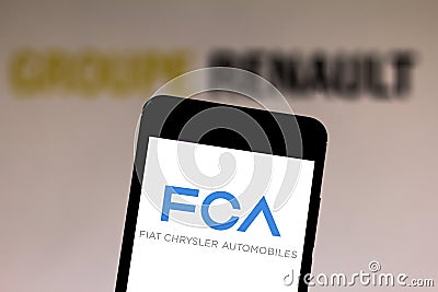 May 27, 2019, Brazil. In this photo illustration the Fiat Chrysler Automobiles logo is displayed on a smartphone Cartoon Illustration