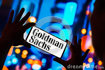 May 4, 2023, Brazil. In this photo illustration, the Goldman Sachs Group logo is displayed on a smartphone screen Cartoon Illustration
