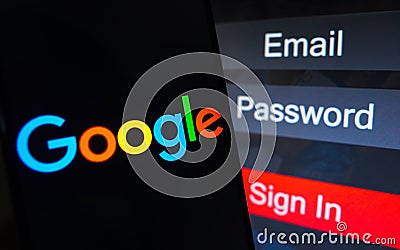 May 1, 2023, Brazil. In this photo illustration, the Google logo is displayed on a smartphone screen, next to a login screen, with Cartoon Illustration