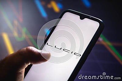 May 11, 2021, Brazil. In this photo illustration the Lucid Motors logo seen displayed on a smartphone screen Cartoon Illustration
