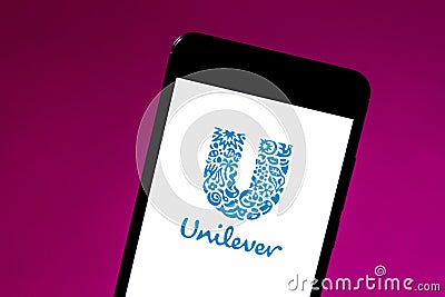 May 24, 2019, Brazil. In this photo illustration the Unilever logo is displayed on a smartphone Cartoon Illustration