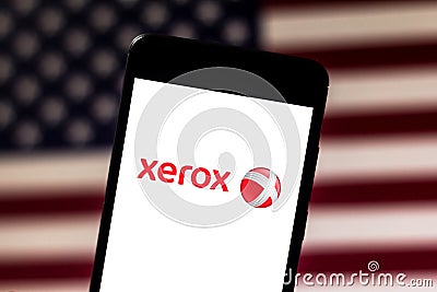 May 29, 2019, Brazil. In this photo illustration the Xerox Corporation logo is displayed on a smartphone Cartoon Illustration