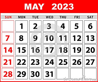 May 2023 Calendar Leaf. Calendar 2023 in flat style. May 2023 Calendar. Wall Desk Calendar Vector Template Vector Illustration