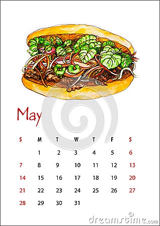 May 2023 calendar sheet,Vietnamese sandwich Banh Mi Ga with beef, watercolor sketch, illustration, isolate, a4 Cartoon Illustration