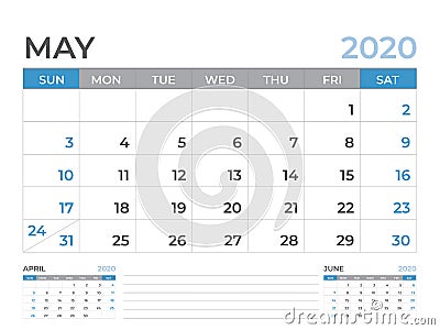 May 2020 Calendar template, Desk calendar layout Size 8 x 6 inch, planner design, week starts on sunday, stationery design Vector Illustration