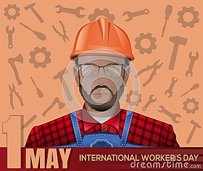 1 May card. Labor Day poster with worker man Vector Illustration