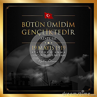 19 May, Commemoration of Ataturk, Youth and Sports Day Turkey celebration card. Vector Illustration