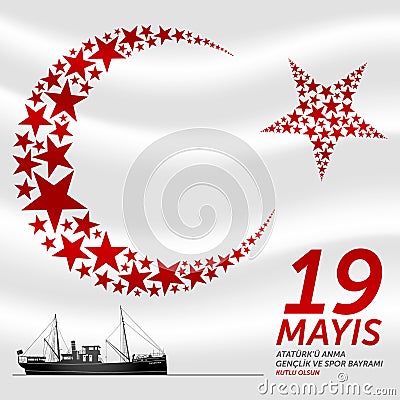 19 May, Commemoration of Ataturk, Youth and Sports Day Turkey celebration card. Vector Illustration