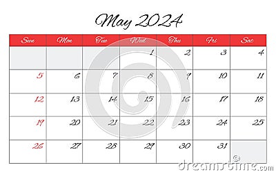 May 2024 ENGLISH month calendar. Vector printable illustration. Monthly planning for business events Vector Illustration