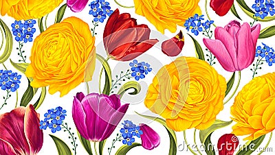 Floral background with bright spring May flowers. Yellow Ranunculus and colorful Tulips. Vector Illustration