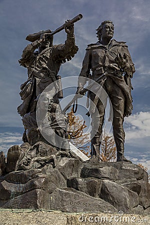 MAY 22, 2019, Fort Benton, Montana, USA - Statue of Lewis Clark and Sacajawea by Bob Scriver 1975 Editorial Stock Photo