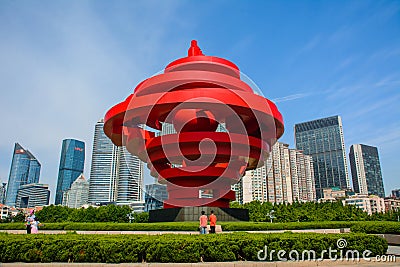 May Fourth Square on a sunny day with tourists, a famous tourist attraction in Qingdao city Shandong province China. Editorial Stock Photo