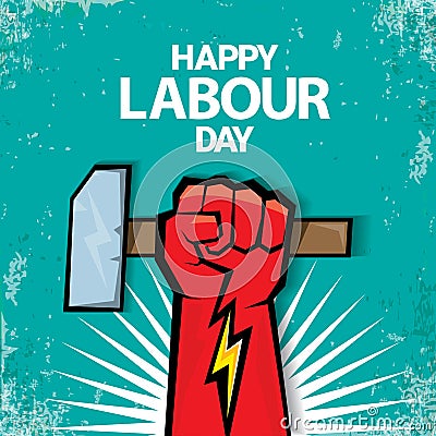 1 may Happy labour day vector label with strong red fist on torquise background . labor day background or banner with Vector Illustration