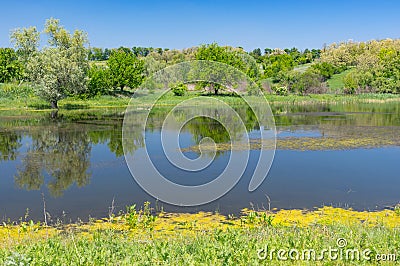 Landscape with Suha Sura river in Vasylivka village near Dnepr city, central Ukraine Stock Photo