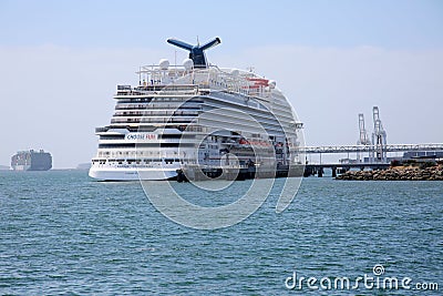 May 19, 2020 Long Beach, California. USA: A Cruise Ship docks while in Long Beaach California. A Cruise ship is cleaned, loaded Editorial Stock Photo