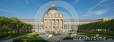 24 May 2019 Munich, Germany - The Bavarian State Chancellery `Bayerische Staatskanzlei` building in Munich, blue sky and green fol Editorial Stock Photo