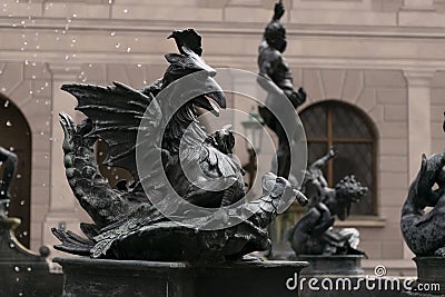 Octagonal courtyard of Munich Residenz. Fountain with bronze sculptures Editorial Stock Photo