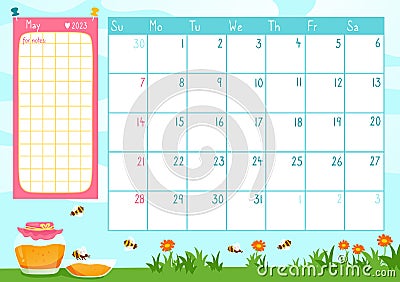 May page calendar template organizer 2023 year with jar honey bee event planner diary spring memo Vector Illustration