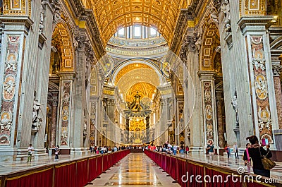 May 23, 2015 Rome, Italy: Magnificent interior view of Saint Peter`s Basilica in Vatican City Italy Editorial Stock Photo