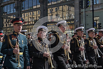 May 9 2019, Russia, St. Petersburg. Musicians of the military band at the Victory Day holiday in Russia. National action Editorial Stock Photo