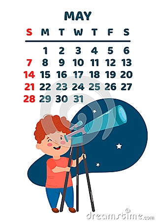 May. Space calendar planner 2023. Weekly scheduling, planets, space objects. Week starts on Sunday. White background Vector Illustration