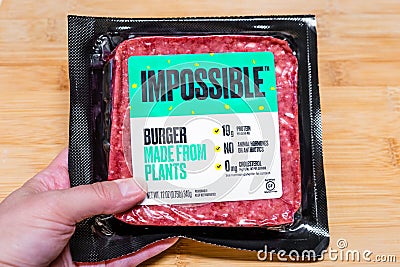 May 22, 2020 Sunnyvale / CA / USA - Close up of Impossible Burger package; the Impossible Burger is produced by Impossible Foods Editorial Stock Photo