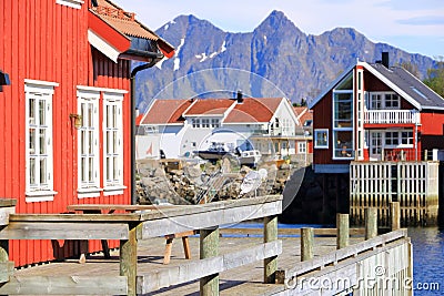 May 29 2022 - Svolvaer, Lofoten, Norway: View of the city on the Lofoten islands, beautiful bright landscape, traditional red Editorial Stock Photo