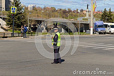 May 9, 2018: The traffic police post is on duty and looking at the camera Editorial Stock Photo