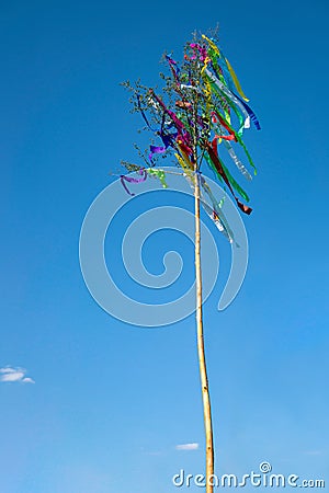 May tree, traditional hungarian austrian german folklore decoration in may with blue sky Stock Photo