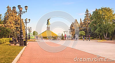 Central park in Ufa with Salavat Yulaev statue. People resting and having fun Editorial Stock Photo