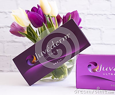 May 4 May 2022 Ukraine city Kyiv box of filler Juviderm, tulip flower Editorial Stock Photo