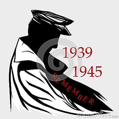 9 may World War 2 Remembrance Day. Silhouette a military man in raincoat. Lest We forget. Patriotism, unity, struggle Vector Illustration