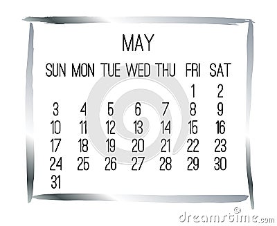 May year 2020 monthly silver calendar Vector Illustration