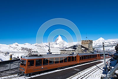 Gornergrat bahn, the only train where services travelers on Matterhorn railway. Editorial Stock Photo