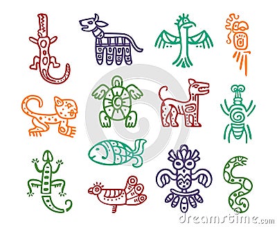 Maya aztec totem isolated elements. Signs idols of south america, eagle and fish. Tribal mexican abstract native icons Vector Illustration