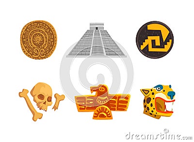 Maya Civilization Ethnic Symbols with Chichen Itza City, Skull, Shield and Totem Vector Set Stock Photo