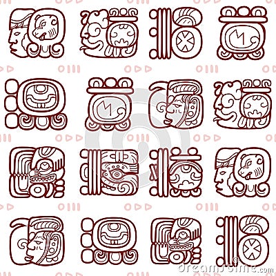 Maya glyphs, Mayan writing system vector seamless pattern - tribal art Vector Illustration