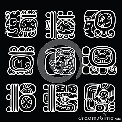 Maya glyphs, writing system and language vector design on black background Vector Illustration