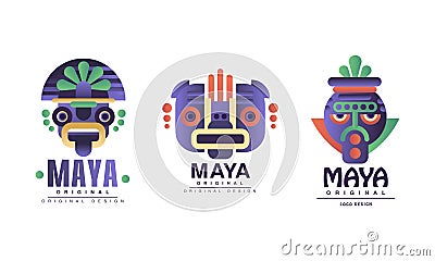 Maya Logo Original Design with Ethnic Mask Vector Set Vector Illustration