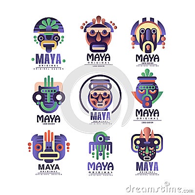 Maya logo original design set, emblems with ethnic mask, Aztec signs vector Illustrations on a white background Vector Illustration