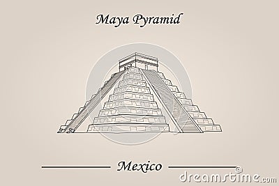 Maya Pyramid, Temple of Kukulkan. World Attractions Cartoon Illustration