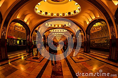 Mayakovskaya is a beautiful subway station, which tourists are fond of visiting , Moscow , Russia Editorial Stock Photo