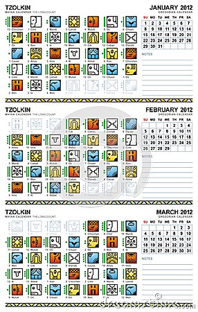 Mayan calendar, January-March 2012 (American) Vector Illustration